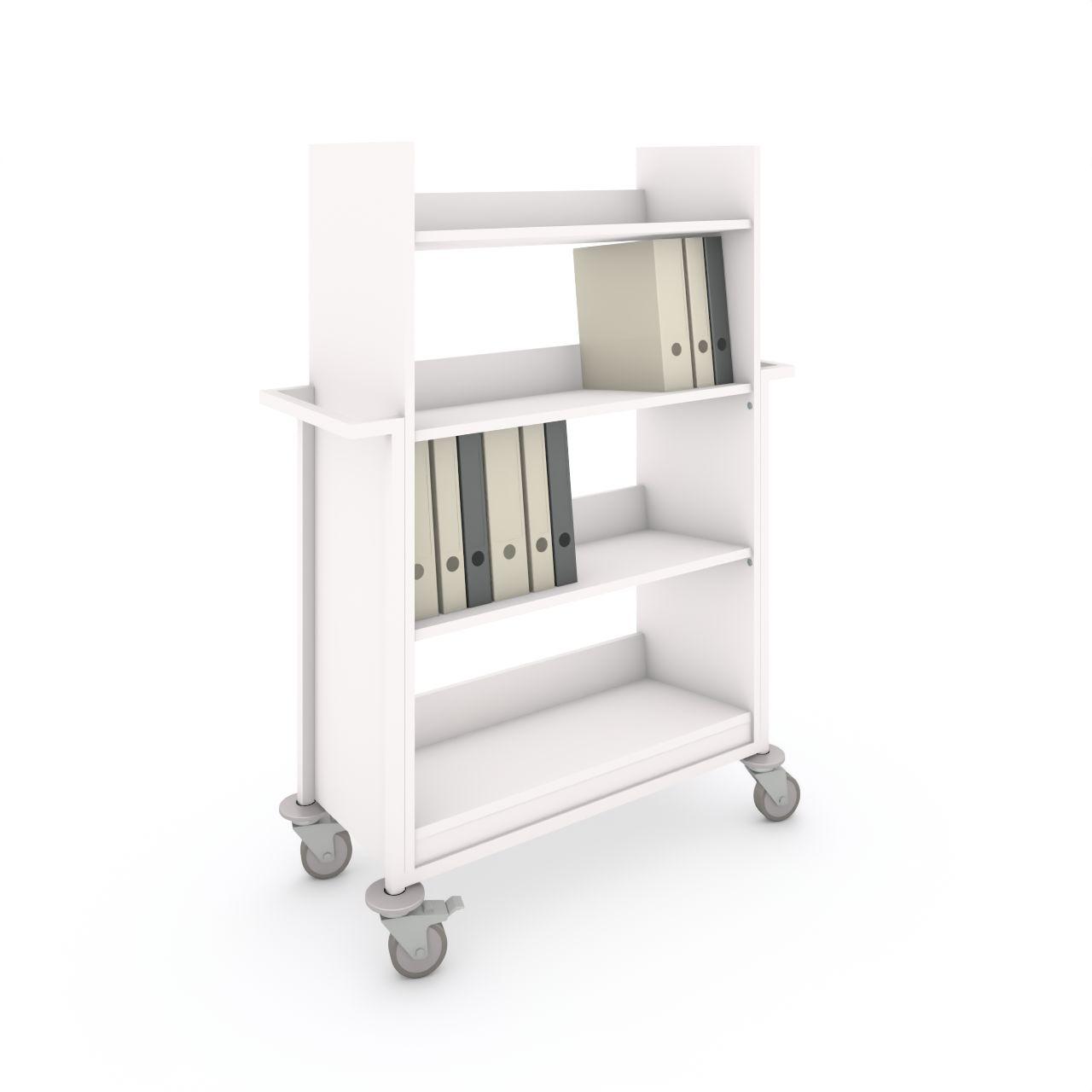 Bücherwagen TWO XL Bücherwagen TWO XL mit Abweisgummiringen mit 4 Lenkrollen Ø100 mm, 2 mit Feststeller TWO besteht aus 4 Festschrägfachboden Fachbodenbreite: 822 mm Fachbodentiefe:344 mm Anschlaghöhe:100 mm Fachbodenabstand:326 mm Aussenmaße: L 1081 x T 470 x H 1455 mm