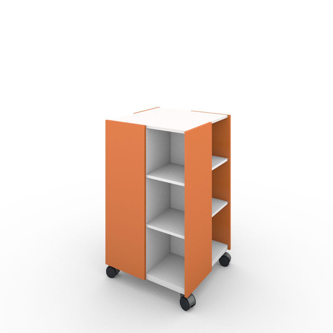 MAG-Tower Bücherturm auf Rollen MAG-Tower Bücherturm auf Rollen vorbereitet für Zeitschriftenklappen 3 Fächer übereinander (ohne Zeitschriftenklappen) Breite: 699 mm Tiefe:699 mm Höhe:1165 mm Stapelhöhe: ca.235 mm Oberflächen: Blenden: Orange Korpus:Standardweiß Lieferung: komplett