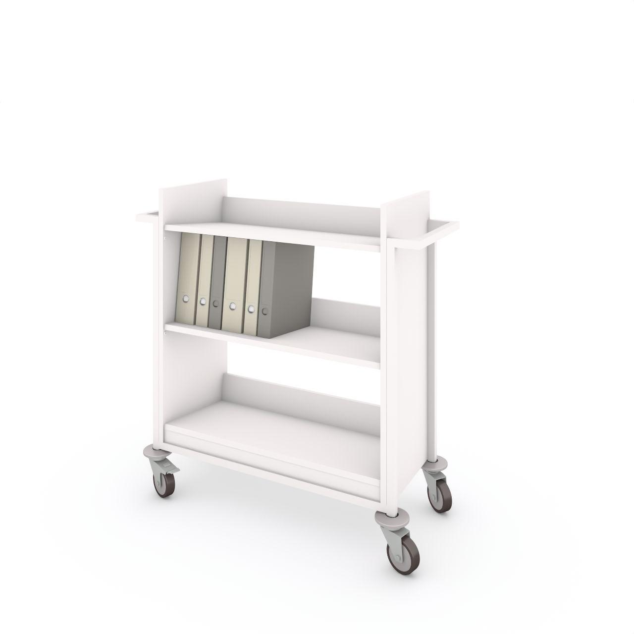 Bücherwagen TWO Bücherwagen TWO mit Abweisgummiringen mit 4 Lenkrollen Ø100 mm, 2 mit Feststeller TWO besteht aus 3 Festschrägfachboden Fachbodenbreite:822 mm Fachbodentiefe: 344 mm Anschlagshöhe:100 mm Fachbodenabstand: 326 mm Aussenmaße: L 1081 x T 470 x H 1075 mm