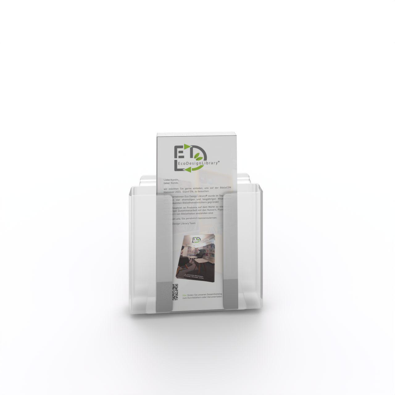 Acryldisplay Prospekthalter DIN A5 Acryldisplay Prospekthalter DIN A5; Entnahme der Prospekte von oben, kleine Einbuchtung für leichteren Zugriff; 2 Laschen zum Einhängen in Präsentationsschiene Breite: 165 mm Tiefe: 40 mm Höhe: 155 mm Kunststoff, glasklar