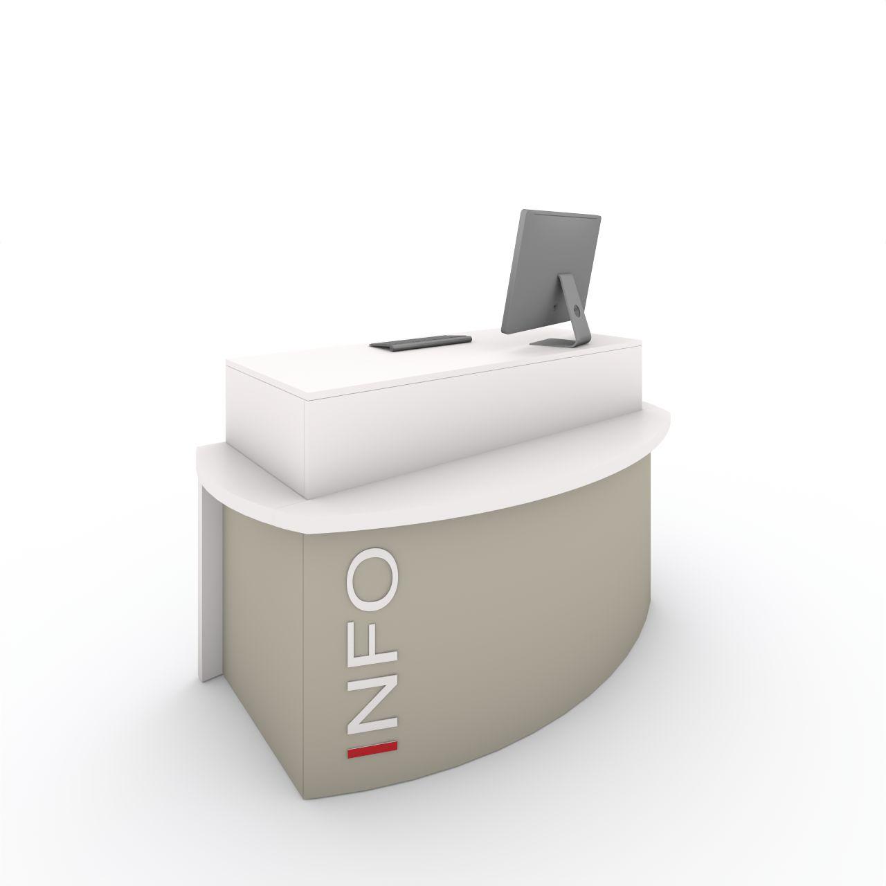 CHECK POINT Infostation, höhenverstellbar CHECK POINT Infostation, gerundete, höhenverstellbare Singletheke mit - integrierter Taschenablage T 280 mm - je ein Kabeldurchlass links und rechts - Technischen Front für das Kabelmanagement - 6 Fachsteckdose mit 5 m Zuleitung - Grafik OPTIONAL Brei