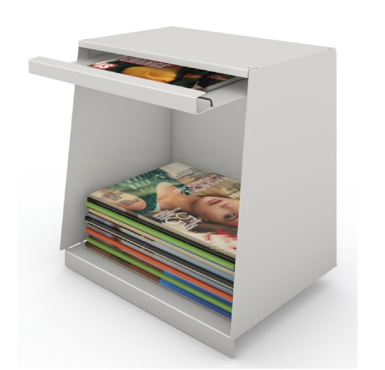 MAG BOX, Zeitschriftenbox für Magazine  MAG-BOX wird direkt auf den Fachboden Ihres Regals gestellt. Tiefe des Fachbodens 250 mm. Es ist eine komplette Zeitschriftenbox mit einer schrägen Klappe zur Präsentation der Zeitschrift. Diese Klappe ist mit zwei