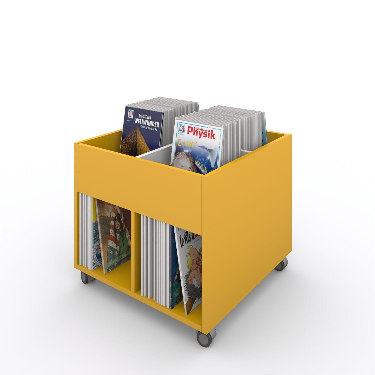 Büchertrog MARKET Quadrat, fahrbar, H 605 mm MARKET Quadrat 8 Fächer, auf Rollen seitlich 4 offene Fächer, oben 1 fester und 2 herausnehmbaren Fachteiler, inkl. Antirutschmatten Breite: 670 mm Tiefe:670 mm Höhe: 605 mm Oberfläche: Korpus: Dottergelb Trennschiede und Rückwände: Standardweiß Kapaz