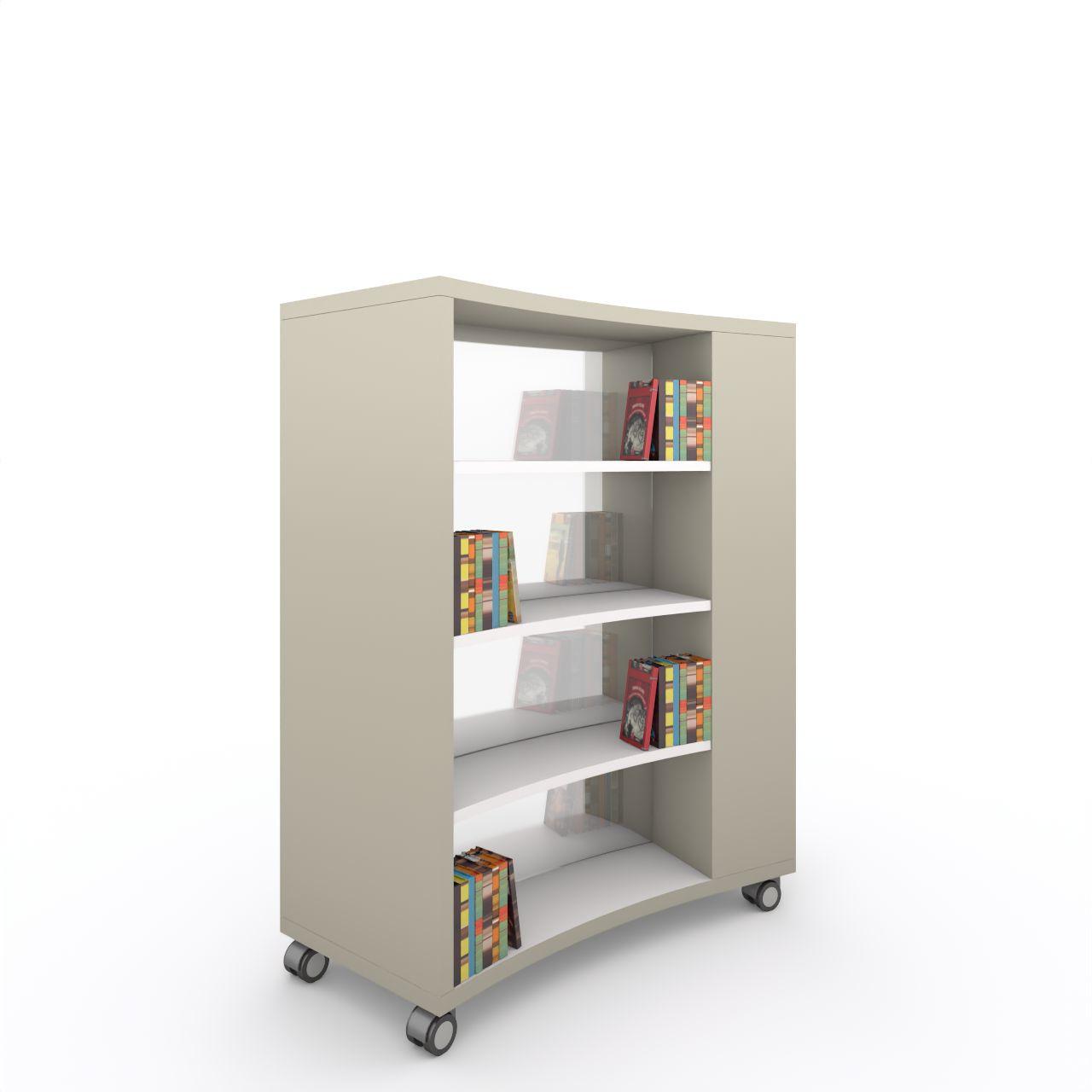 Nova RUND mobile, 1 Sektion+Stirnseitenregal Nova RUND mobile, 1 Sektion + Stirnseitenregal rechts, incl. 3 Fachböden je Seite (ohne Fachböden für Stirnseitenregal) Breite:1300 mm Tiefe:530 mm Höhe:1553 mm Oberflächen: Außenseite: Kaschmirgrau Stirnseitenregal: Kaschmirgrau Fachböden:Standardweiß