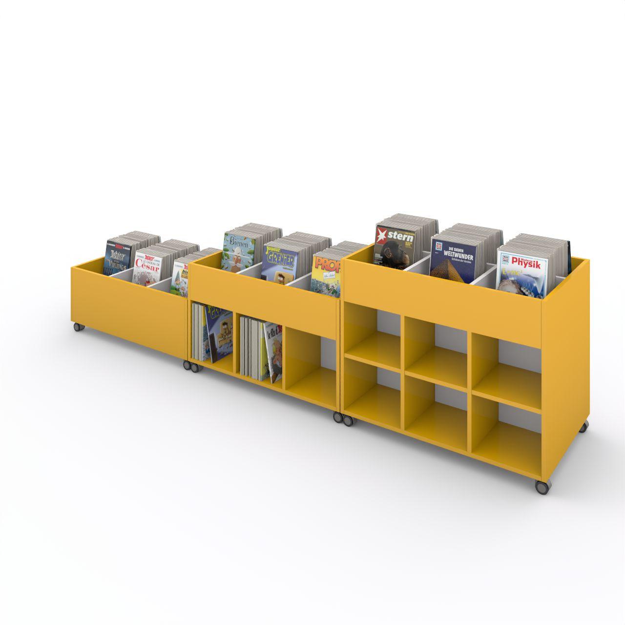 Büchertrog MARKET Rechteck, fahrbar, H 605 mm MARKET Rechteck, 12 Fächern, auf Rollen seitlich 6 Fächer, oben 1 fester und 4 herausnehmbaren Fachteiler inkl. Antirutschmatten Breite: 995 mm Tiefe:670 mm Höhe: 605 mm Oberfläche: Korpus: Dottergelb Trennschiede und Rückwände: Standardweiß Kapazitä