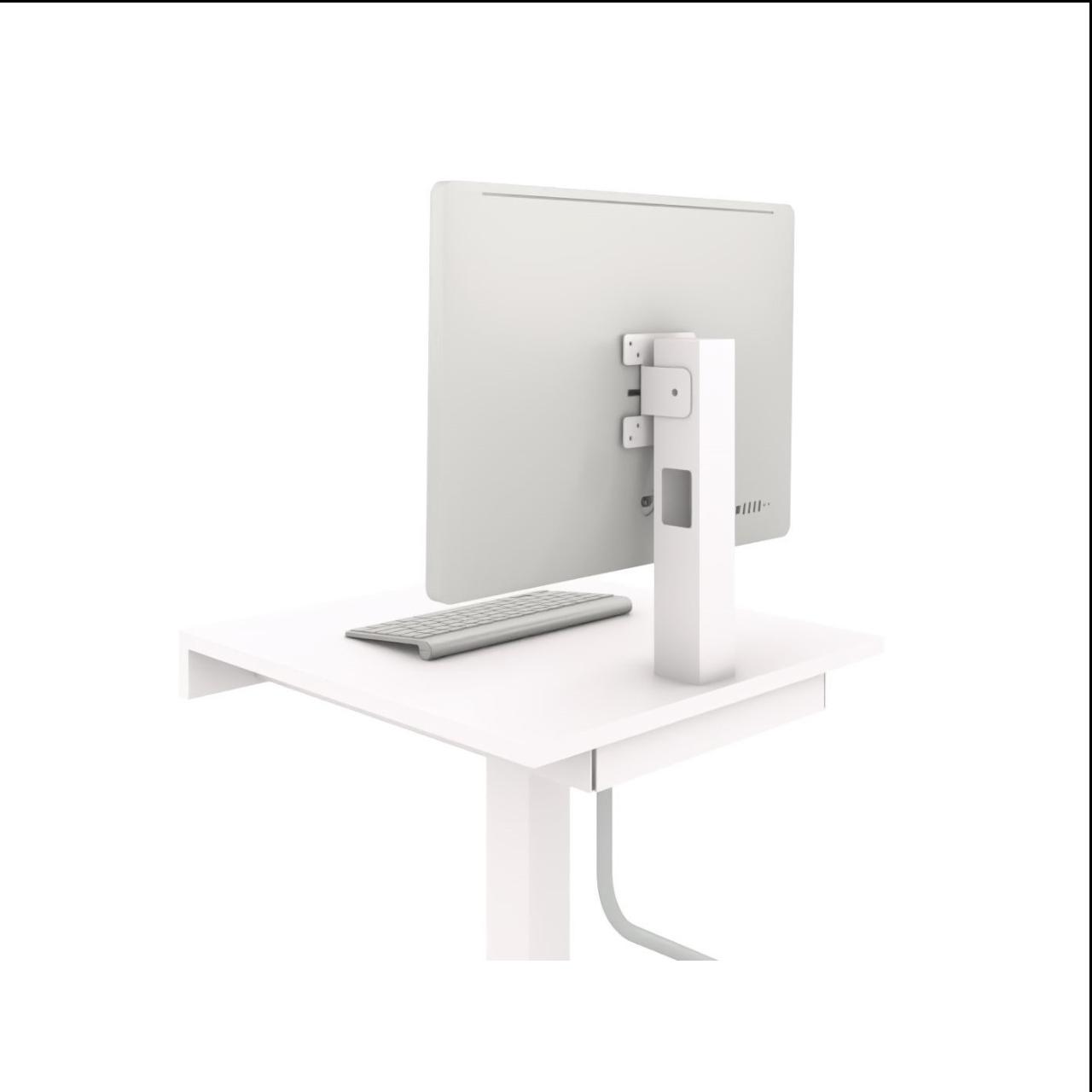 E-OPAC, elektrisch höhenverstellbar mit Box OPAC-Stehpult, elektrisch höhenverstellbar von ca. 605 - 1265 mm, mit Rechnerbox incl. Kabelschlauch Ø25 mm Breite: 590 mm Tiefe:590 mm Oberfläche: Bodenplatte und Säule: Standardweiß matt Monitor-/Tastaturplatte: Standardweiß Rechnerbox Seiten: Limone