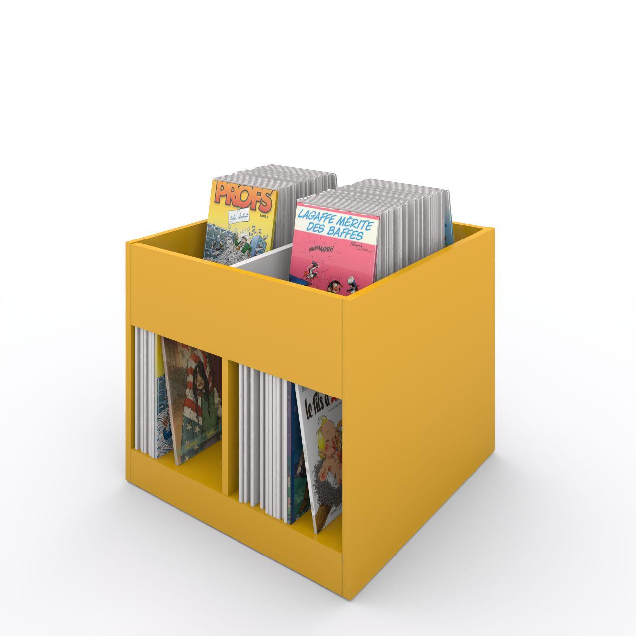 Büchertrog MARKET Quadrat, fest, H 605 mm MARKET Quadrat, 8 Fächer, auf Sockel seitlich 4 offene Fächer, oben 1 fester und 2 herausnehmbaren Fachteiler, inkl. Antirutschmatten Breite: 670 mm Tiefe:670 mm Höhe: 605 mm Oberfläche: Korpus: Dottergelb Trennschiede und Rückwände: Standardweiß Kapa