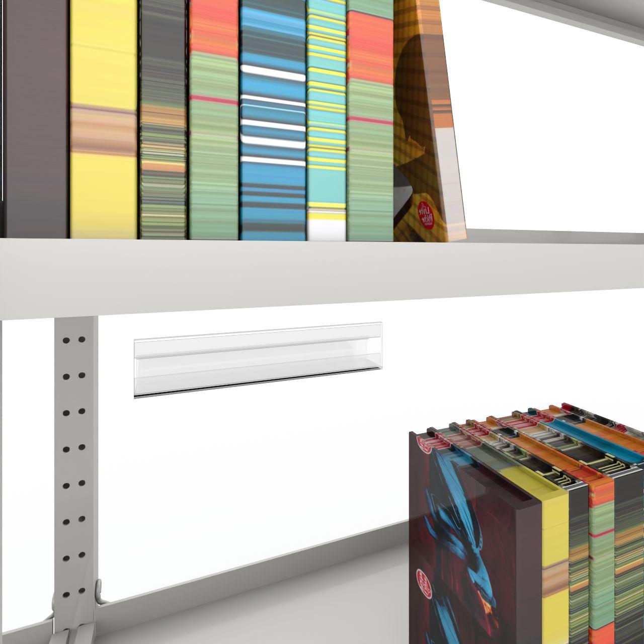 Aufklemmschild Fachbodenbeschriftung Aufklemmschild für Holz- und Metallfachböden mit Einschub für Beschriftungskarton Länge:105 mm Material: PMMA schlagzäh Farbe:farblos