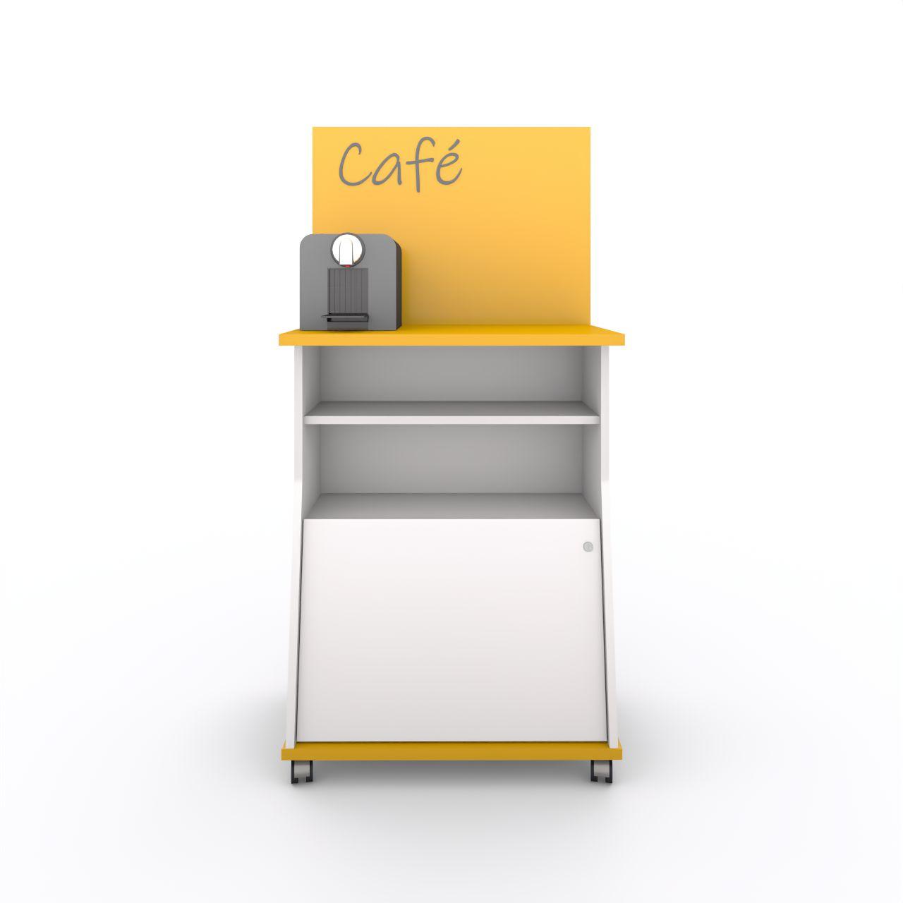 Café-MAX, mobile Station mit abschließbarem Fach Tischplatte H 1050 mm Breite: 774 mm Tiefe:475 mm Höhe:1550 mm Oberflächen: Bodenplatte: Dottergelb Rückwand:Dottergelb Tischplatte: Dottergelb Seiten:Standardweiß Tür: Standardweiß Fachböden: Standardwe
