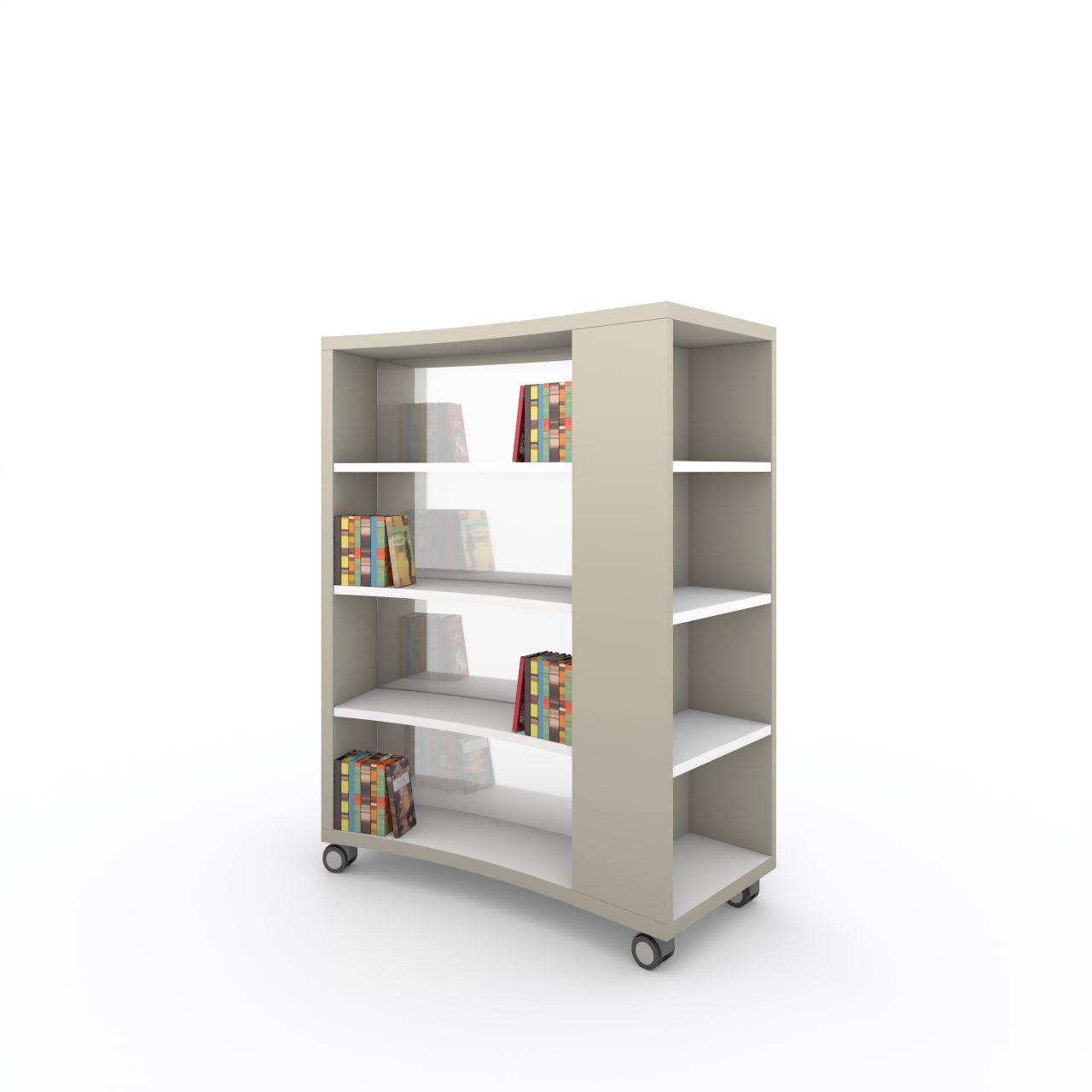 Nova RUND mobile, 1 Sektion+Stirnseitenregal Nova RUND mobile, 1 Sektion + Stirnseitenregal rechts, incl. 3 Fachböden je Seite (ohne Fachböden für Stirnseitenregal) Breite:1300 mm Tiefe:530 mm Höhe:1553 mm Oberflächen: Außenseite: Kaschmirgrau Stirnseitenregal: Kaschmirgrau Fachböden:Standardweiß