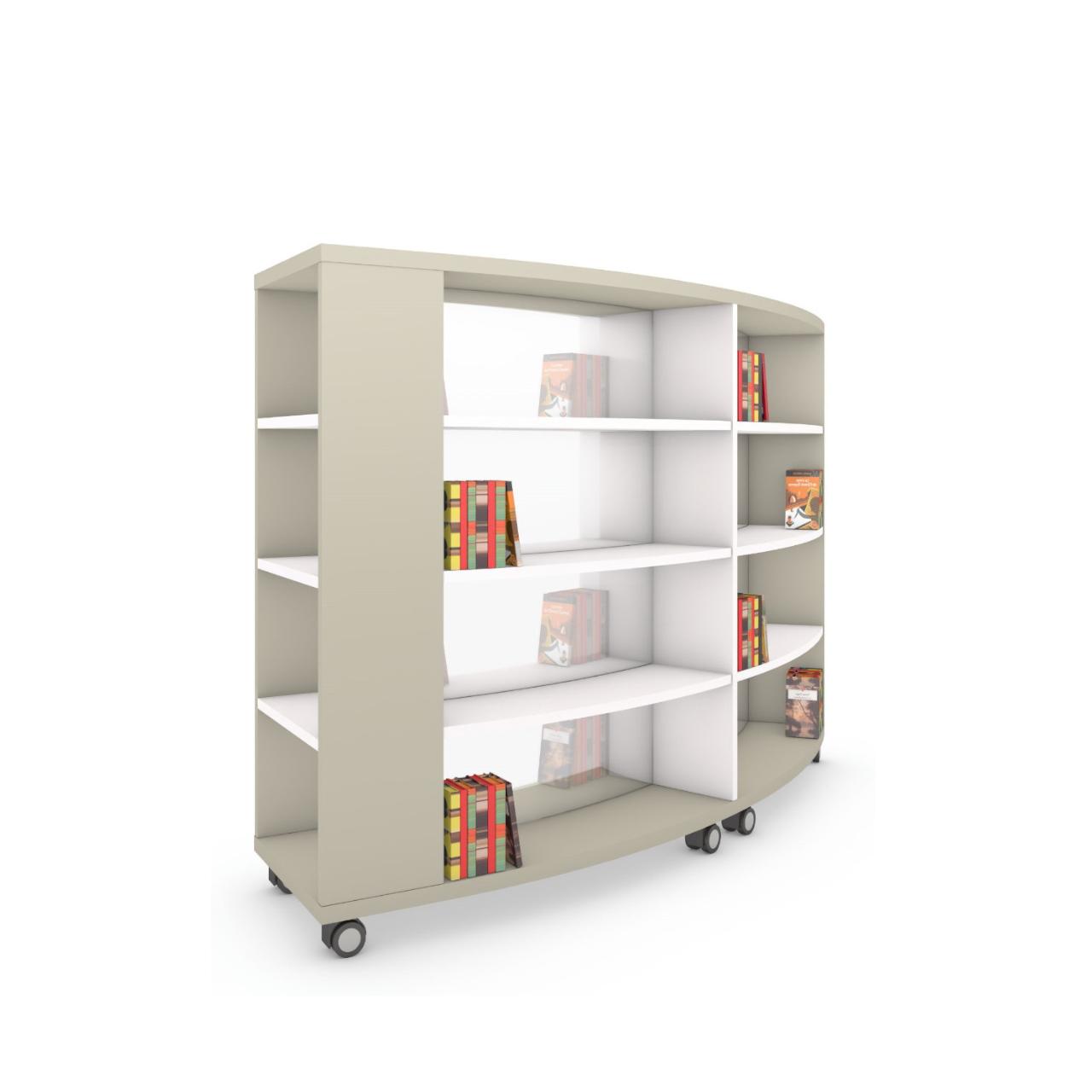 Nova RUND mobile, 2 Sektionen+Stirnseitenrega Nova RUND mobile, 2 Sektionen + Stirnseitenregal rechts, incl. 3 Fachböden je Sektion und Seite (ohne Fachböden für Stirnseitenregal) Breite:2256 mm Tiefe:530 mm Höhe:1553 mm Oberflächen: Außenseite: Kaschmirgrau Mittelseite:Standardweiß Stirnseitenreg