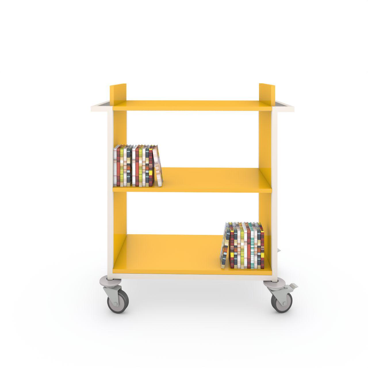 Bücherwagen ONE mit Abweisgummiringen mit 4 Lenkrollen Ø100 mm, 2 mit Feststeller  ONE besteht aus 3 Festfachboden  Fachbodenbreite:750 mm Fachbodentiefe: 430 mm Fachbodenabstand: 365 mm  Aussenmaße: L 970 x T 508 x H 1075 mm  Griffhöhe: 975mm Abweichgum