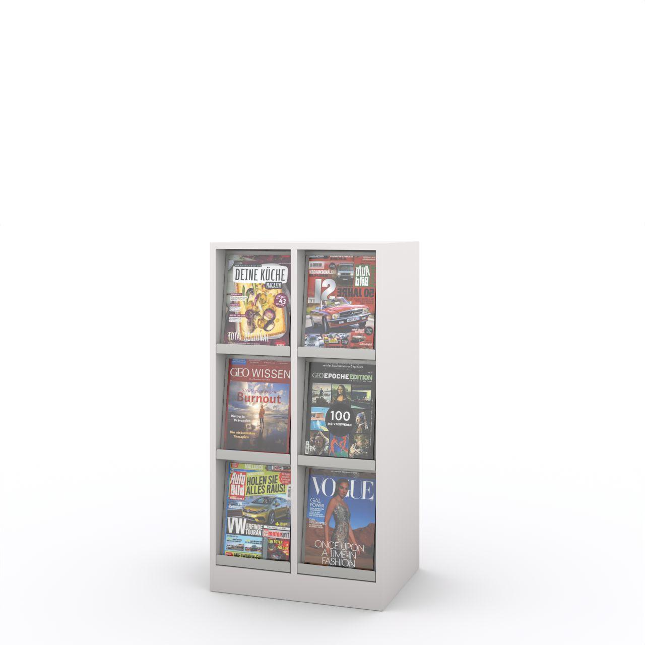 Zeitschriftenschrank mit Klappen Zeitschriftenschrank mit Metallklappen und insgesamt 6 Fächer -3 Fächer übereinander -2 Fächer nebeneinander Breite: 539 mm Tiefe:430 mm Höhe:1048 mm Stapelhöhe: ca.235 mm Oberflächen: Korpus: Standardweiß Zeitschriftenklappen: Standardweiß matt
