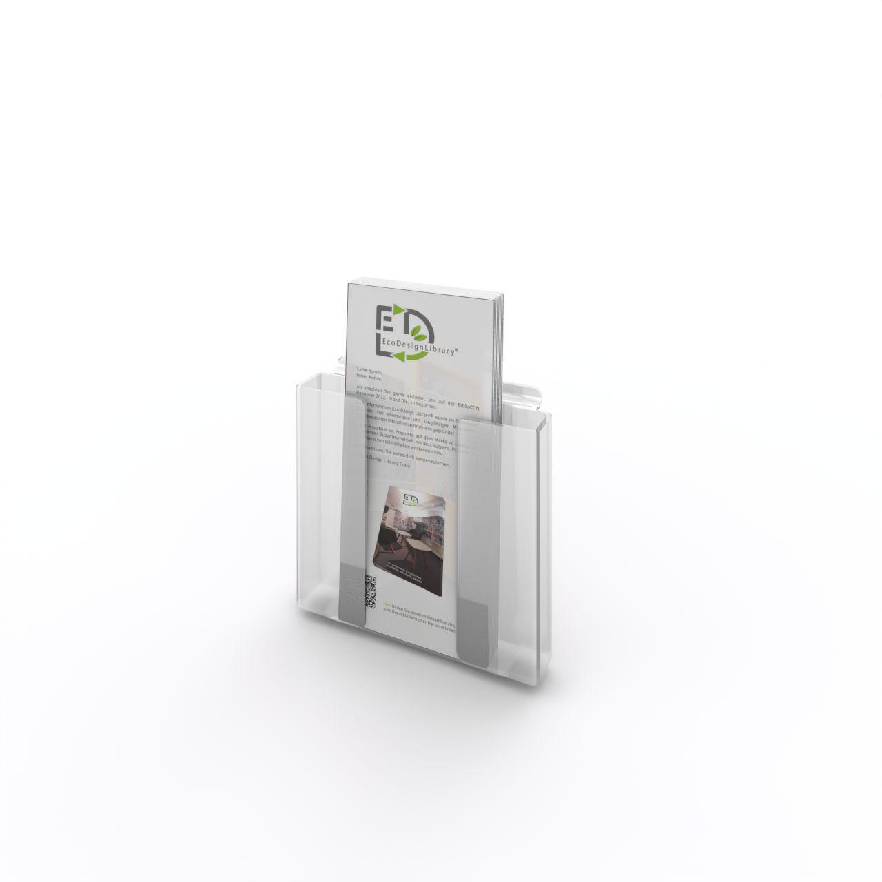 Acryldisplay Prospekthalter DIN A5 Acryldisplay Prospekthalter DIN A5; Entnahme der Prospekte von oben, kleine Einbuchtung für leichteren Zugriff; 2 Laschen zum Einhängen in Präsentationsschiene Breite: 165 mm Tiefe: 40 mm Höhe: 155 mm Kunststoff, glasklar