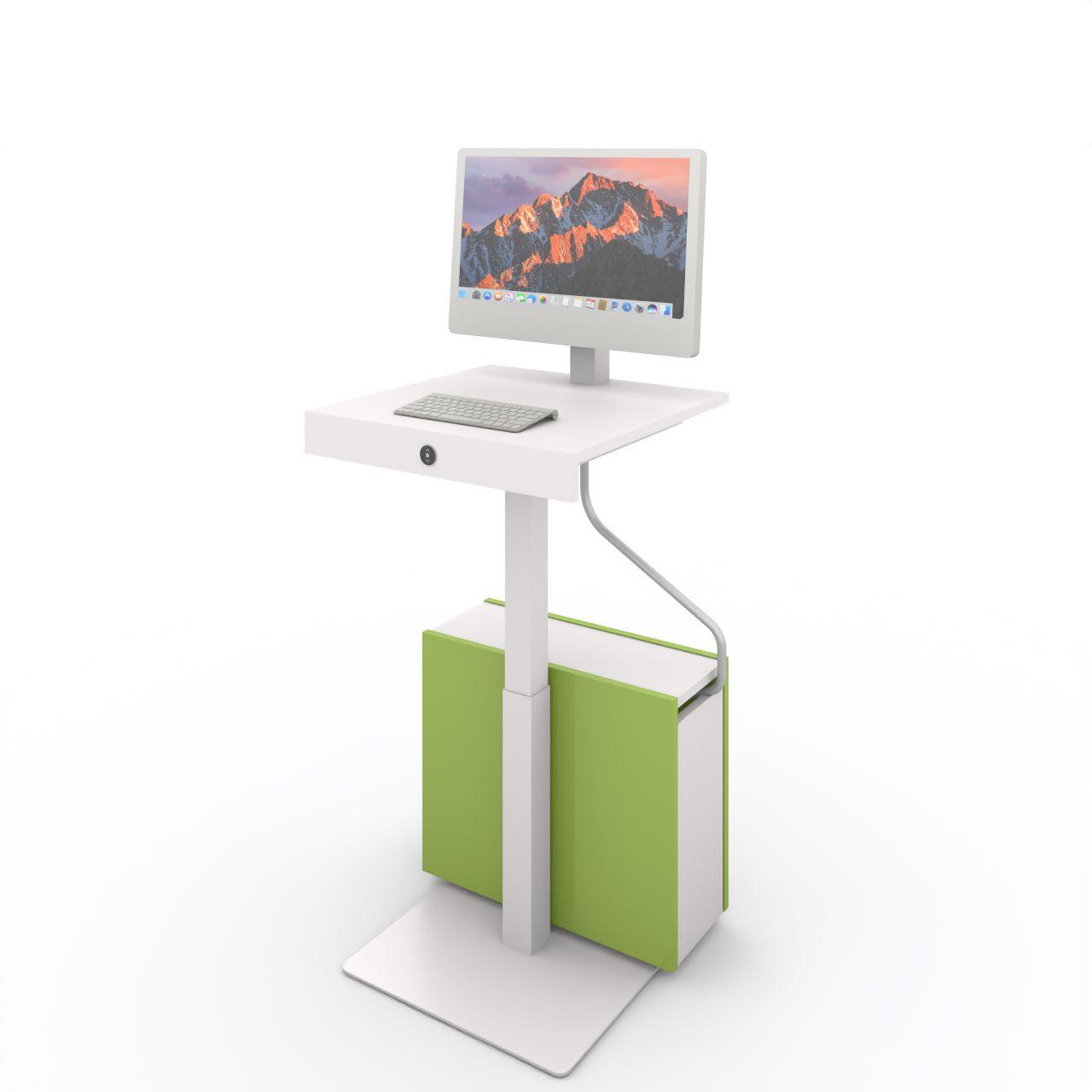 E-OPAC, elektrisch höhenverstellbar mit Box OPAC-Stehpult, elektrisch höhenverstellbar von ca. 605 - 1265 mm, mit Rechnerbox incl. Kabelschlauch Ø25 mm Breite: 590 mm Tiefe:590 mm Oberfläche: Bodenplatte und Säule: Standardweiß matt Monitor-/Tastaturplatte: Standardweiß Rechnerbox Seiten: Limone