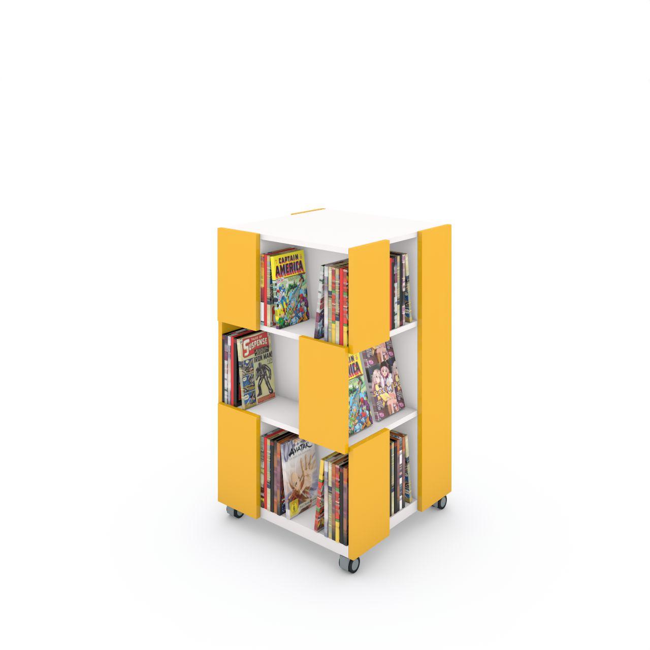 Bücherturm T-TRIS auf Rollen mit 4 Stellflächen 1,59 Lfm pro Etage  Etagenanzahl: 3  Breite: 616 mm Tiefe:635 mm Höhe:1120 mm  Fächerinnenmaße: B597/398/199-T180-H310mm  Oberfläche: Seiten:Dottergelb Fachböden: Standardweiß Mittelwände: Standardweiß