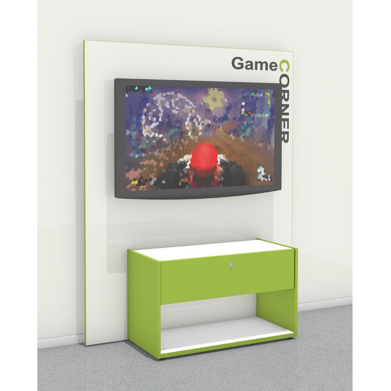 Game Corner, Wandausführung mit Sichtrückwand Game Corner, Wandausführung mit aufgedoppelter Sichtrückwand, incl. Bildschirmhalterung (ohne Elektrogeräte und ohne Aufkleber) Breite:1502 mm Tiefe:551 mm Höhe:1822 mm Oberfläche: Rückwand, Korpusdeckel-/ und Korpusboden: Standardweiß Korpus, Klappe