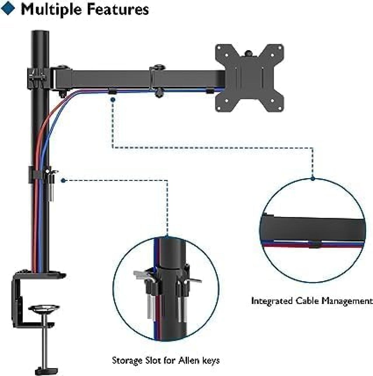 Monitorhalter, höhenverstellbar, neig- und schwenkbar, für Flachbildschirme von 13-32'', VESA 75/100, bis 8 kg Befestigung am Tisch mittels Tischhalterung oder durchgehender Schraube  Metall, mattschwarz lackiert