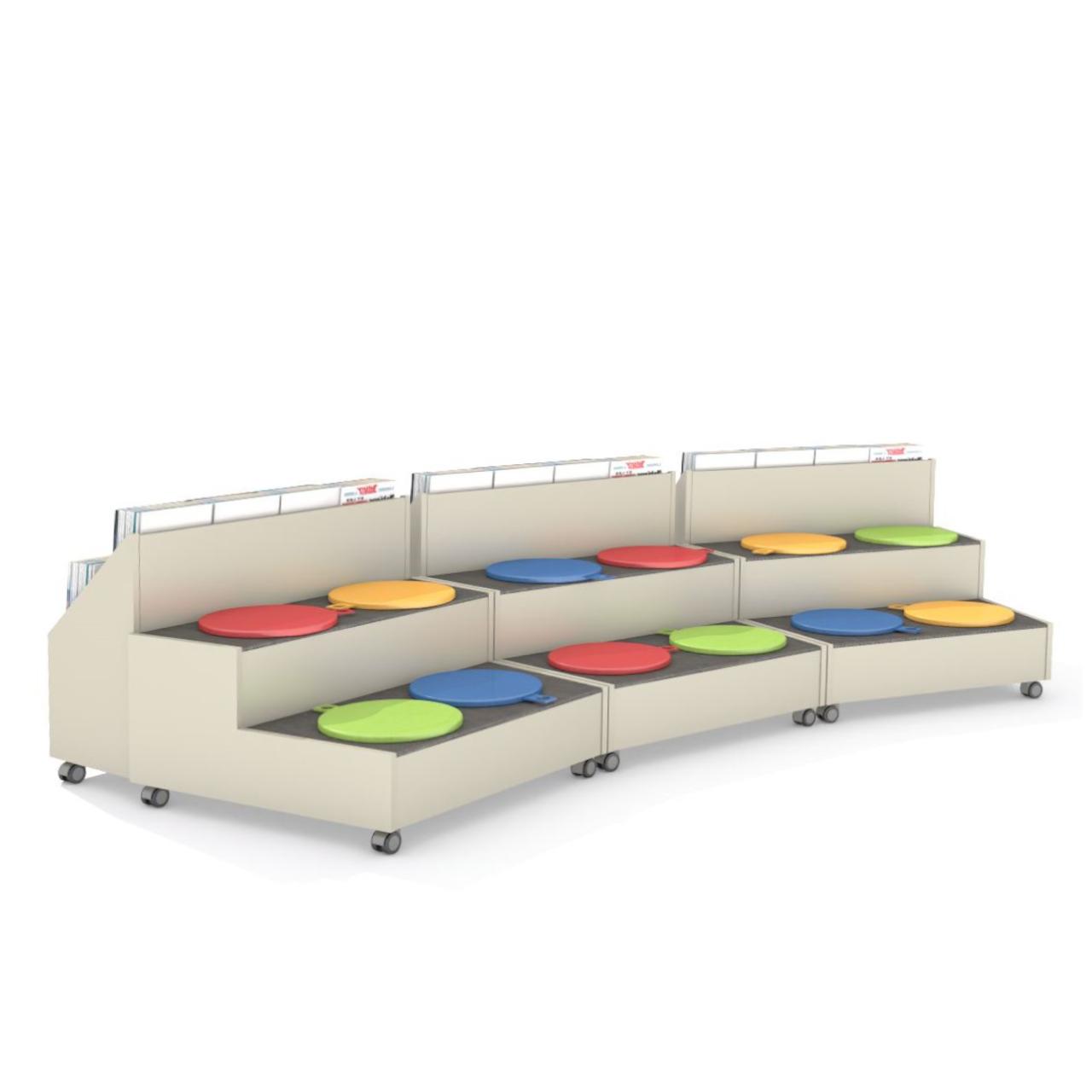 Arena-Village Podest, fahrbar Arena-Village: Podest 2-stufig in Trapezform, Höhen 250 und 450 mm. Sitzflächen mit anthrazitfarbenem Teppichbelag Rückseitig mit angebautem Villagetrog, oben mit 2 Einstellfächer für Comics incl. Rollen (alle mit Feststeller) Breite:1033 mm Tiefe: 1137