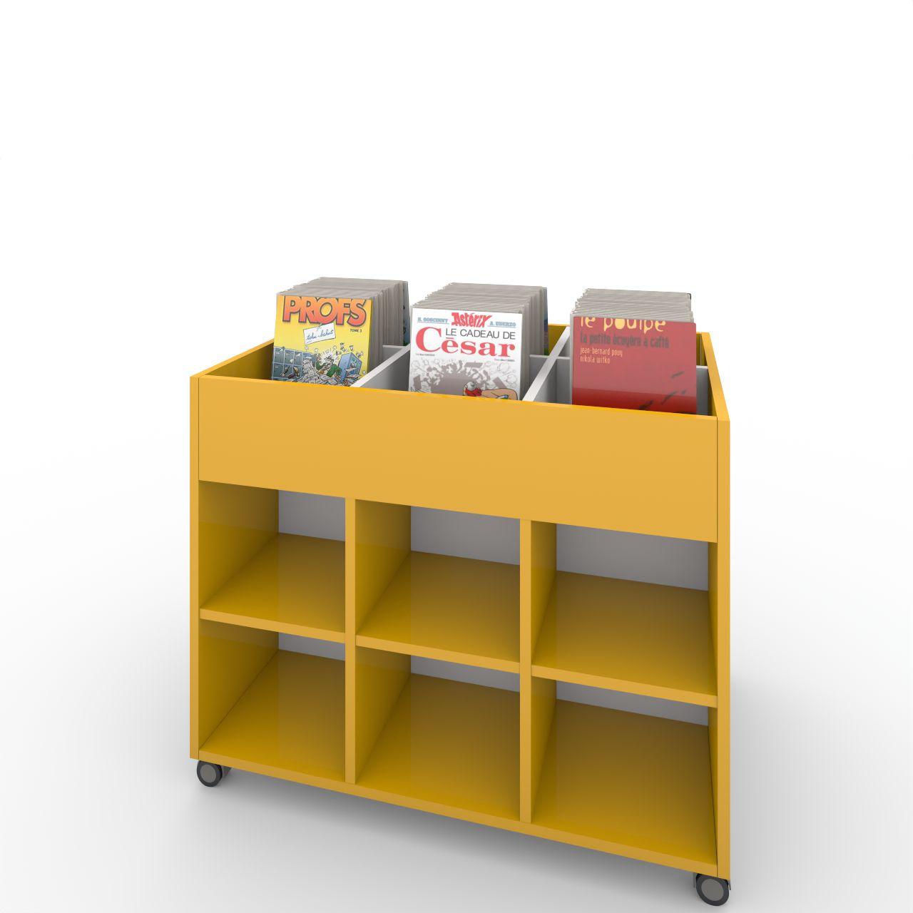Büchertrog MARKET Rechteck, fahrbar, H 805 mm MARKET Rechteck 18 Fächern, auf Rollen seitlich 12 Fächern mit höhenverstellbaren Fachboden, oben 1 fester und 4 herausnehmbaren Fachteiler, inkl. Antirutschmatten Breite: 995 mm Tiefe:670 mm Höhe: 805 mm Oberfläche: Korpus: Dottergelb Trennschiede und