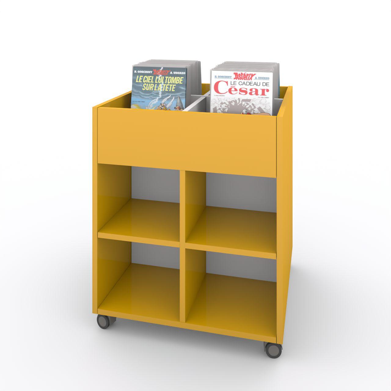 Büchertrog MARKET Quadrat, fahrbar, H 805 mm MARKET Quadrat, 12 Fächer, auf Rollen seitlich 8 Fächern mit höhenverstellbaren Fachboden, oben 1 fester und 2 herausnehmbaren Fachteiler, inkl. Antirutschmatten Breite: 670 mm Tiefe:670 mm Höhe: 805 mm Oberfläche: Korpus: Dottergelb Trennschiede und R