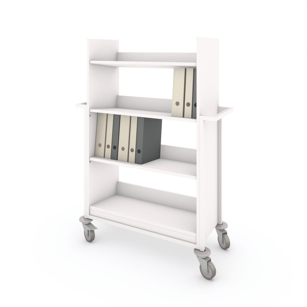 Bücherwagen TWO XL Bücherwagen TWO XL mit Abweisgummiringen mit 4 Lenkrollen Ø100 mm, 2 mit Feststeller TWO besteht aus 4 Festschrägfachboden Fachbodenbreite: 822 mm Fachbodentiefe:344 mm Anschlaghöhe:100 mm Fachbodenabstand:326 mm Aussenmaße: L 1081 x T 470 x H 1455 mm