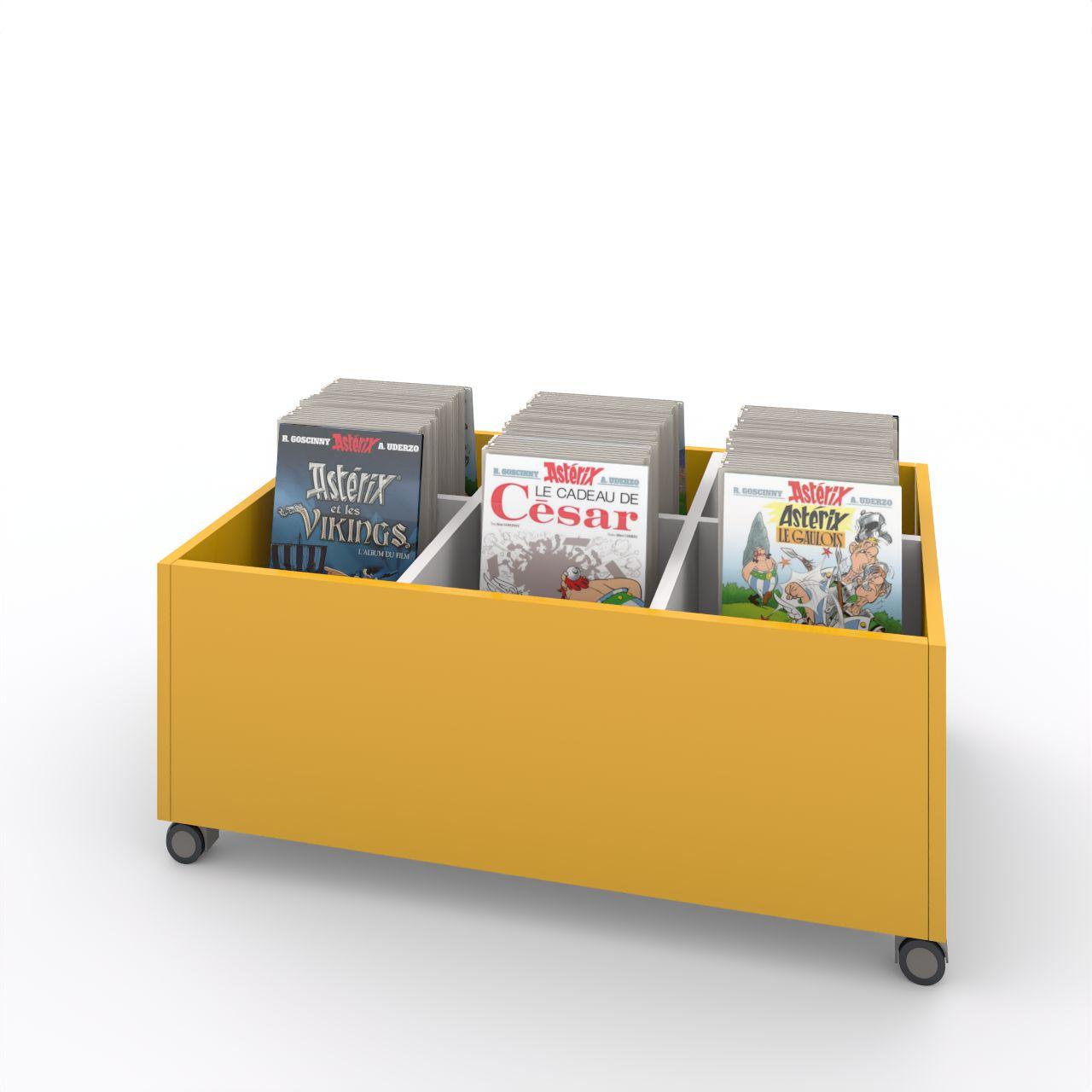 Büchertrog MARKET Rechteck, fahrbar, H 405 mm MARKET Rechteck, 6 Fächer, auf Rollen 1 fester und 4 bewegliche Fachteiler für variable Facheinteilung, inkl. Antirutschmatten Länge:995 mm Tiefe:670 mm Höhe: 405 mm Oberfläche: Korpus: Dottergelb Trennschiede: Standardweiß Kapazität: 120 - 150 Comi