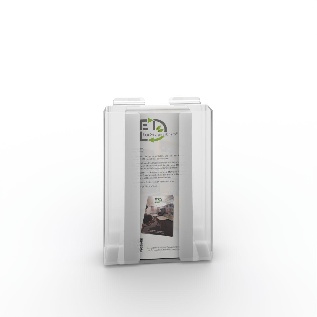 Acryldisplay Prospekthalter DIN A5 Prospekthalter DIN A5; Entnahme der Prospekte von oben; zum Einhängen in Präsentationsschiene Breite: 160 mm Tiefe: 40 mm Höhe: 220 mm Kunststoff, glasklar