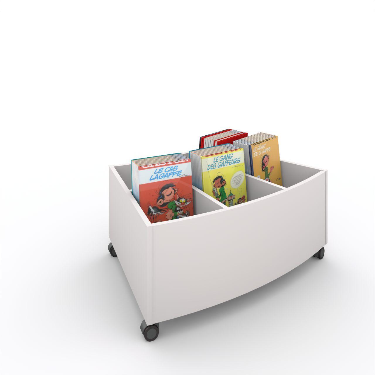 Büchertrog MARKET Radius H 405 mm, fahrbar MARKET Radius 5 Fächer, auf Rollen, 1 fester und 3 bewegliche Fachteiler für variable Facheinteilung, inkl. Antirutschmatten Breite: 965 mm Tiefe:670 mm Höhe: 405 mm Oberfäche: HPL / Melaminharz Korpus:Standardweiß Trennschiede:Standardweiß Kapazität