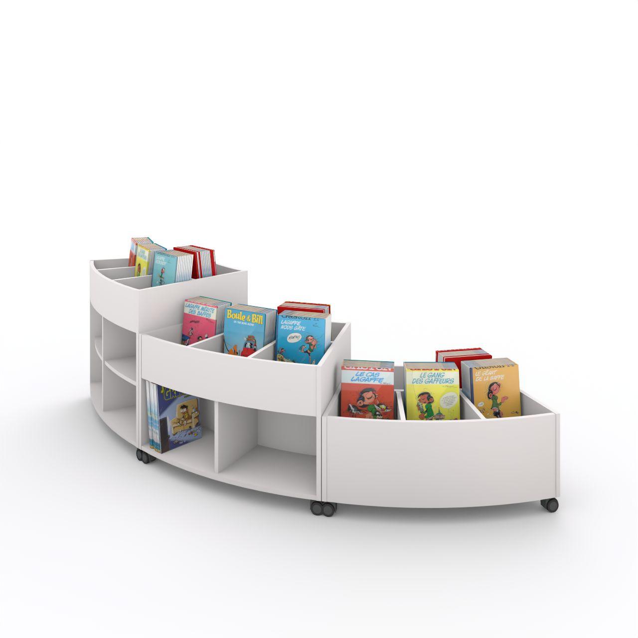 Büchertrog MARKET Radius, fahrbar, H 605 mm MARKET Radius 9 Fächer, auf Rollen seitlich 4 offene Fächer, oben 1 fester und 3 bewegliche Fachteiler für bis zu 5 Fächer, inkl. Antirutschmatten Breite: 965 mm Tiefe:670 mm Höhe: 605 mm Oberfäche: HPL / Melaminharz Korpus:Standardweiß Trennschiede u