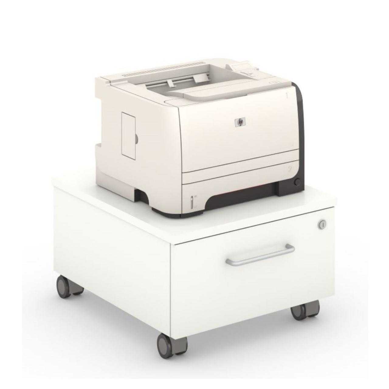 Druckercontainer, 1 Schublade 3HE Druckercontainer, Lenkrollen mit Feststeller - 1 Schublade 3HE, abschließbar, Teilauszug - Bügelgriff Breite: 423 mm Tiefe:600 mm Höhe: 290 mm Oberflächen: Korpus: Reinweiß Schubladenblende: Reinweiß