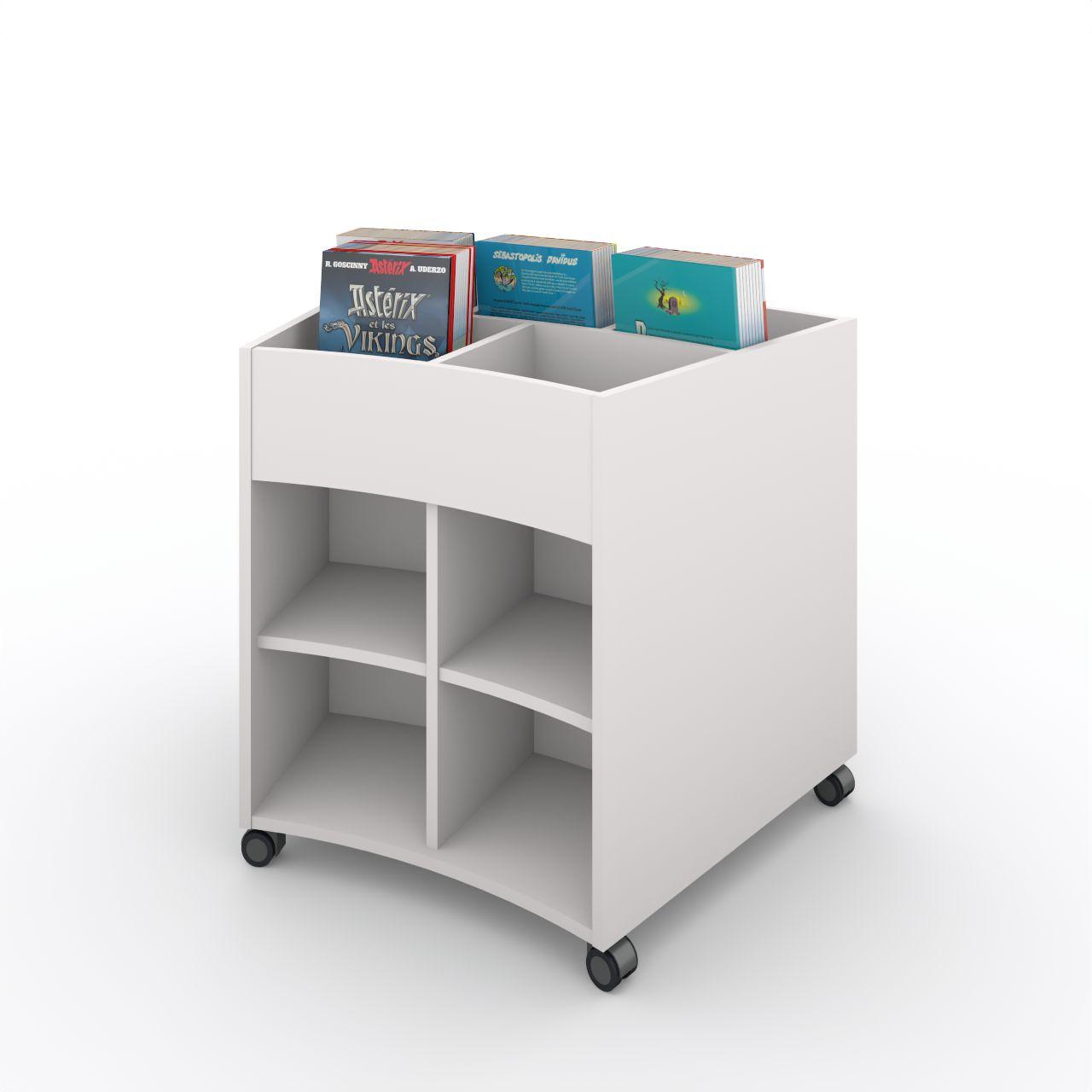 Büchertrog MARKET Radius, fahrbar, H 805 mm MARKET Radius 13 Fächer, auf Rollen seitlich 8 Fächern mit höhenverstellbaren Fachboden, oben 1 fester und 3 bewegliche Fachteiler für bis zu 5 Fächer, inkl. Antirutschmatten Breite: 965 mm Tiefe:670 mm Höhe: 805 mm Oberfäche: HPL / Melaminharz Korpus