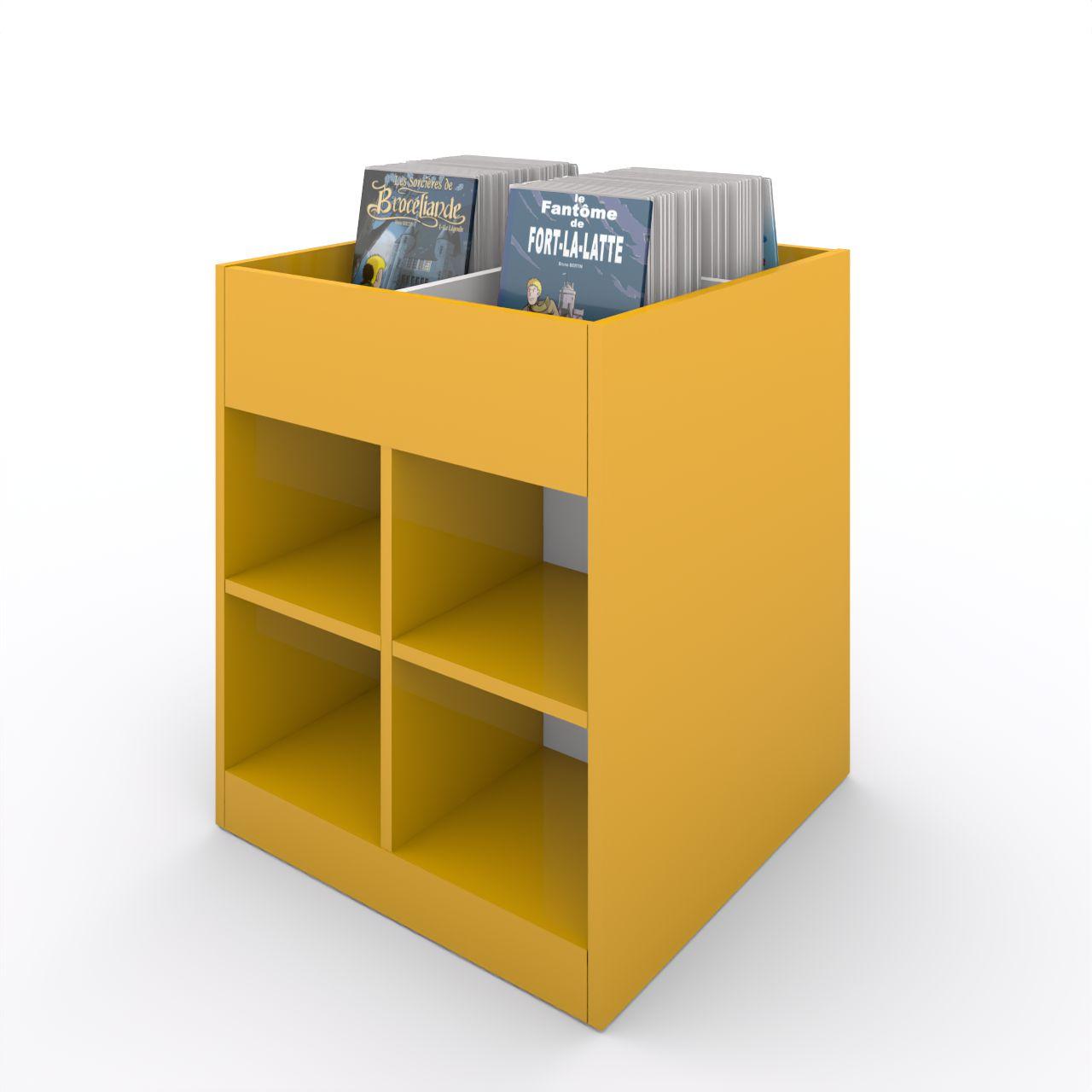 Büchertrog MARKET Quadrat, fest, H 805 mm MARKET Quadrat, 12 Fächer, auf Sockel seitlich 8 Fächern mit höhenverstellbaren Fachboden, oben 1 fester und 2 herausnehmbaren Fachteiler, inkl. Antirutschmatten Breite: 670 mm Tiefe:670 mm Höhe: 805 mm Oberfläche: Korpus: Dottergelb Trennschiede und R