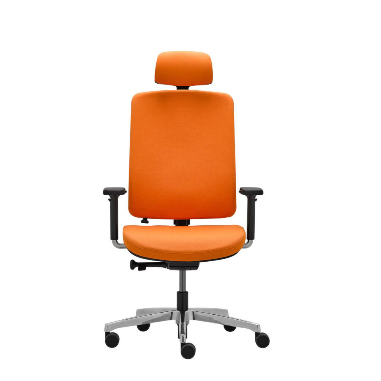 Bürostuhl Flexi mit Rückenpolster und Arml. Bürodrehstuhl auf Rollen, Flexi, mit Armlehnen und Kopfstütze. Mit Sitz- und Rückenpolster Sitzhöhe 410-530 mm, Fußkreuz silber Breite:680 mm Tiefe: 680 mm Höhe: 1020-1200 Sitzpolster: Rim Fame 4150, orange Rückenpolster: Rim Fame 4150, orange