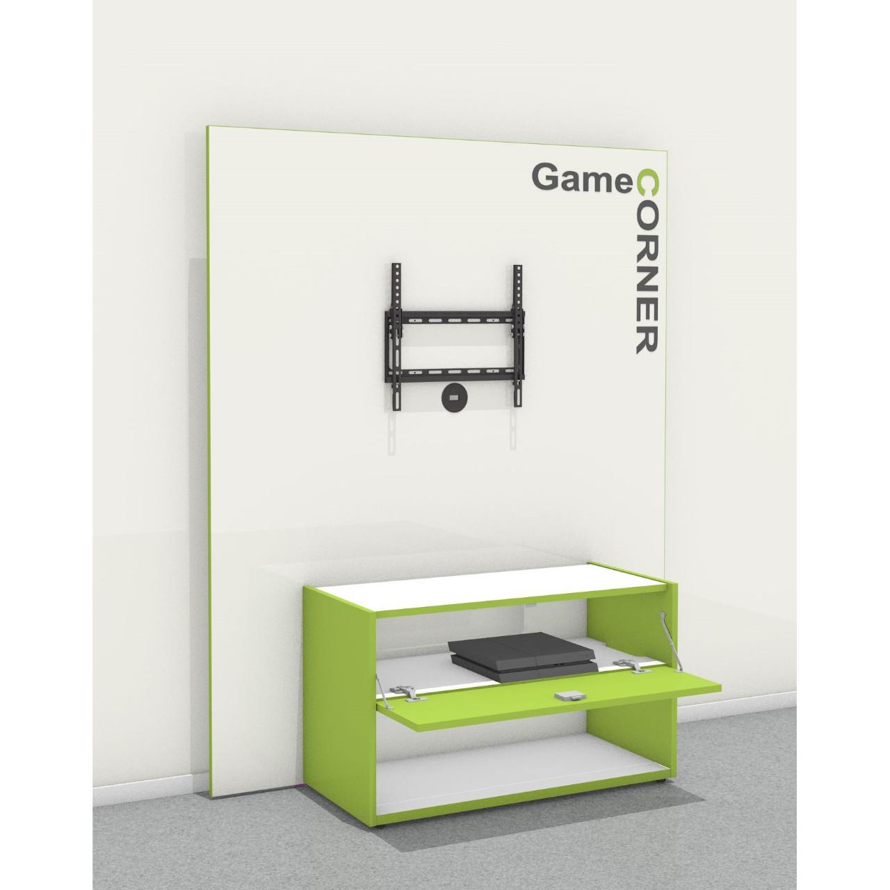 Game Corner, Wandausführung mit aufgedoppelter Sichtrückwand, incl. Bildschirmhalterung (ohne Elektrogeräte und ohne Aufkleber)  Breite:1502 mm Tiefe:551 mm Höhe:1822 mm  Oberfläche: Rückwand, Korpusdeckel-/ und Korpusboden:  Standardweiß Korpus, Klappe 