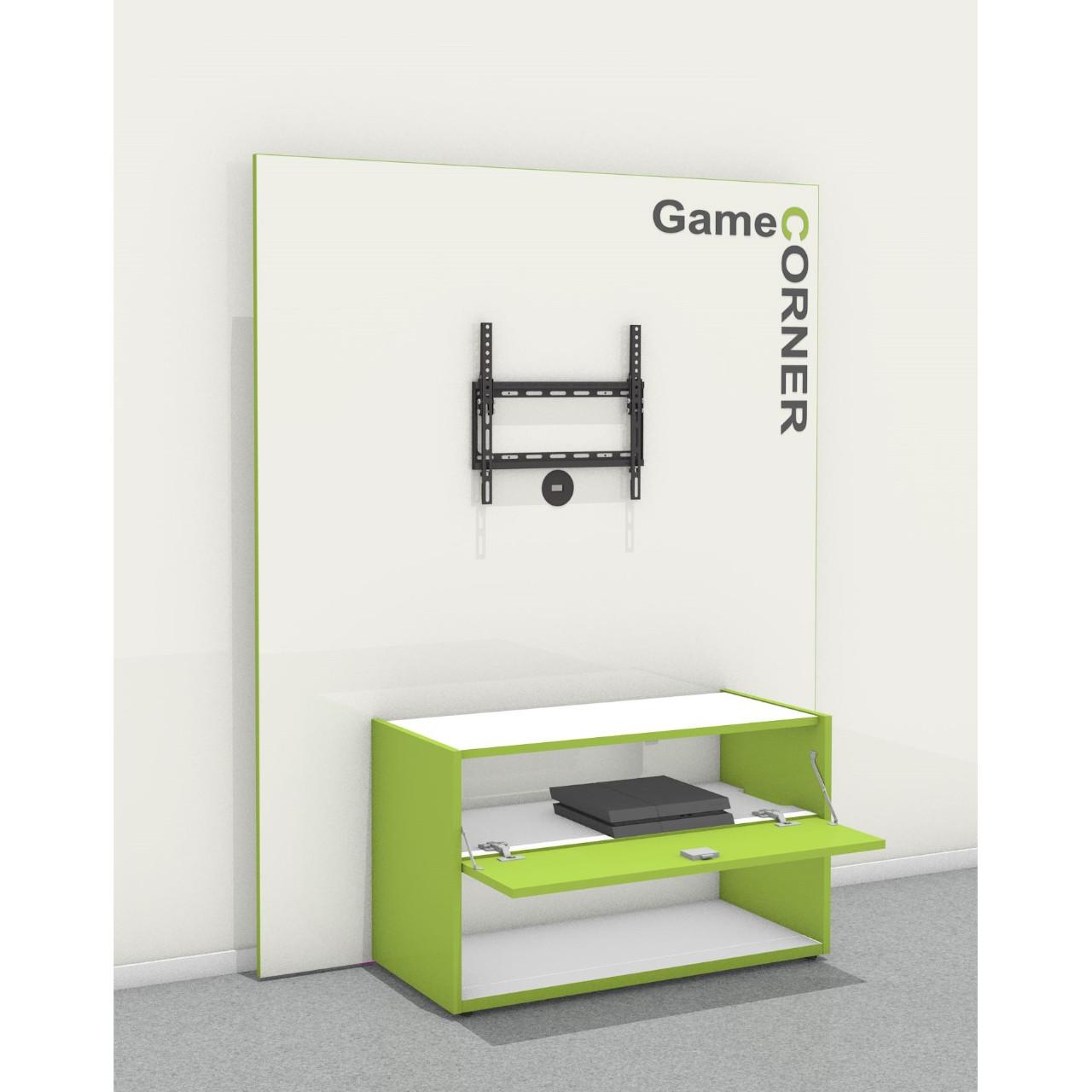 Game Corner, Wandausführung mit Sichtrückwand Game Corner, Wandausführung mit aufgedoppelter Sichtrückwand, incl. Bildschirmhalterung (ohne Elektrogeräte und ohne Aufkleber) Breite:1502 mm Tiefe:551 mm Höhe:1822 mm Oberfläche: Rückwand, Korpusdeckel-/ und Korpusboden: Standardweiß Korpus, Klappe