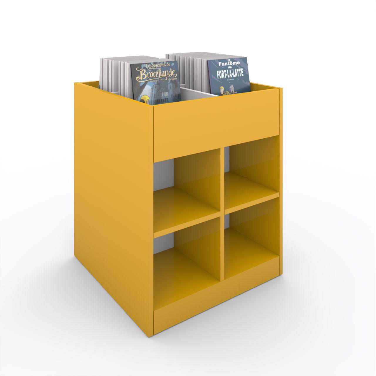 Büchertrog MARKET Quadrat, fest, H 805 mm MARKET Quadrat, 12 Fächer, auf Sockel seitlich 8 Fächern mit höhenverstellbaren Fachboden, oben 1 fester und 2 herausnehmbaren Fachteiler, inkl. Antirutschmatten Breite: 670 mm Tiefe:670 mm Höhe: 805 mm Oberfläche: Korpus: Dottergelb Trennschiede und R