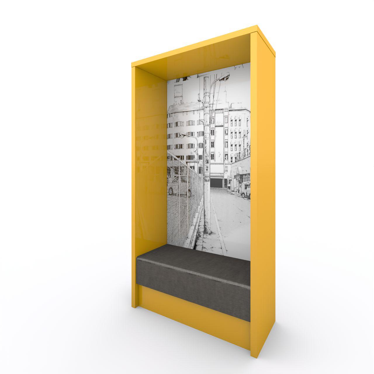 Sitzmodul SWEET 38 Sitzmodul SWEET 38, freistehend Sitztiefe: 400 mm Rückwand Grafik optional Achsmaß1000 mm Breite:1046 mm Tiefe:450 mm Höhe:2038 mm Oberflächen: Seiten: Dottergelb Abdeckplatte: Dottergelb Kanten: Dottergelb Rückwand: Standardweiß Sitzblende: Dottergelb