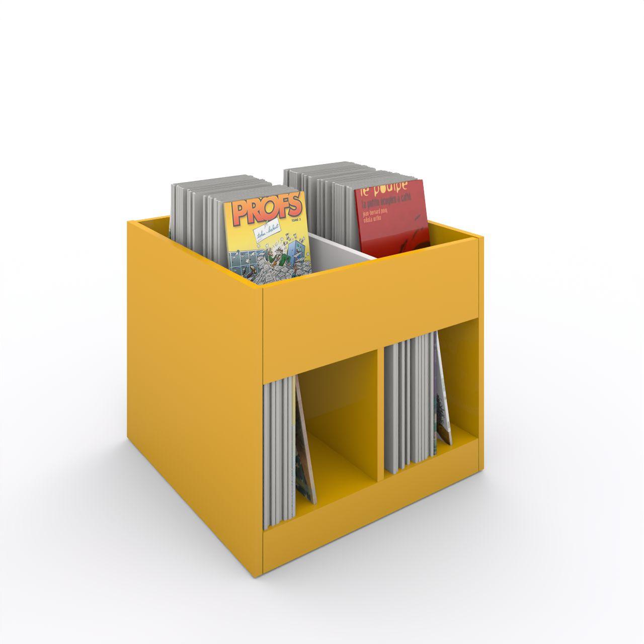 Büchertrog MARKET Quadrat, fest, H 605 mm MARKET Quadrat, 8 Fächer, auf Sockel seitlich 4 offene Fächer, oben 1 fester und 2 herausnehmbaren Fachteiler, inkl. Antirutschmatten Breite: 670 mm Tiefe:670 mm Höhe: 605 mm Oberfläche: Korpus: Dottergelb Trennschiede und Rückwände: Standardweiß Kapa