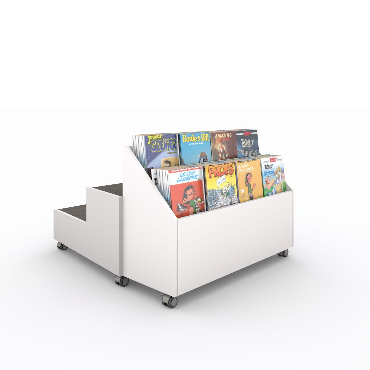 Arena-Village Podest, fahrbar Arena-Village: Podest 2-stufig in Trapezform, Höhen 250 und 450 mm. Sitzflächen mit anthrazitfarbenem Teppichbelag Rückseitig mit angebautem Villagetrog, oben mit 2 Einstellfächer für Comics incl. Rollen (alle mit Feststeller) Breite:1033 mm Tiefe: 1137