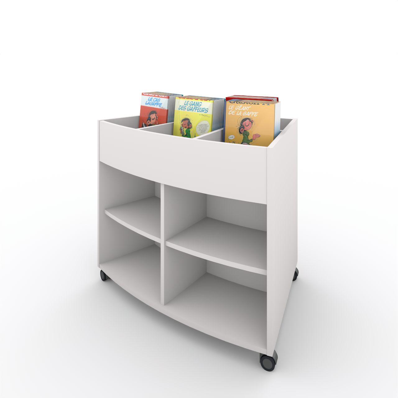 Büchertrog MARKET Radius, fahrbar, H 805 mm MARKET Radius 13 Fächer, auf Rollen seitlich 8 Fächern mit höhenverstellbaren Fachboden, oben 1 fester und 3 bewegliche Fachteiler für bis zu 5 Fächer, inkl. Antirutschmatten Breite: 965 mm Tiefe:670 mm Höhe: 805 mm Oberfäche: HPL / Melaminharz Korpus