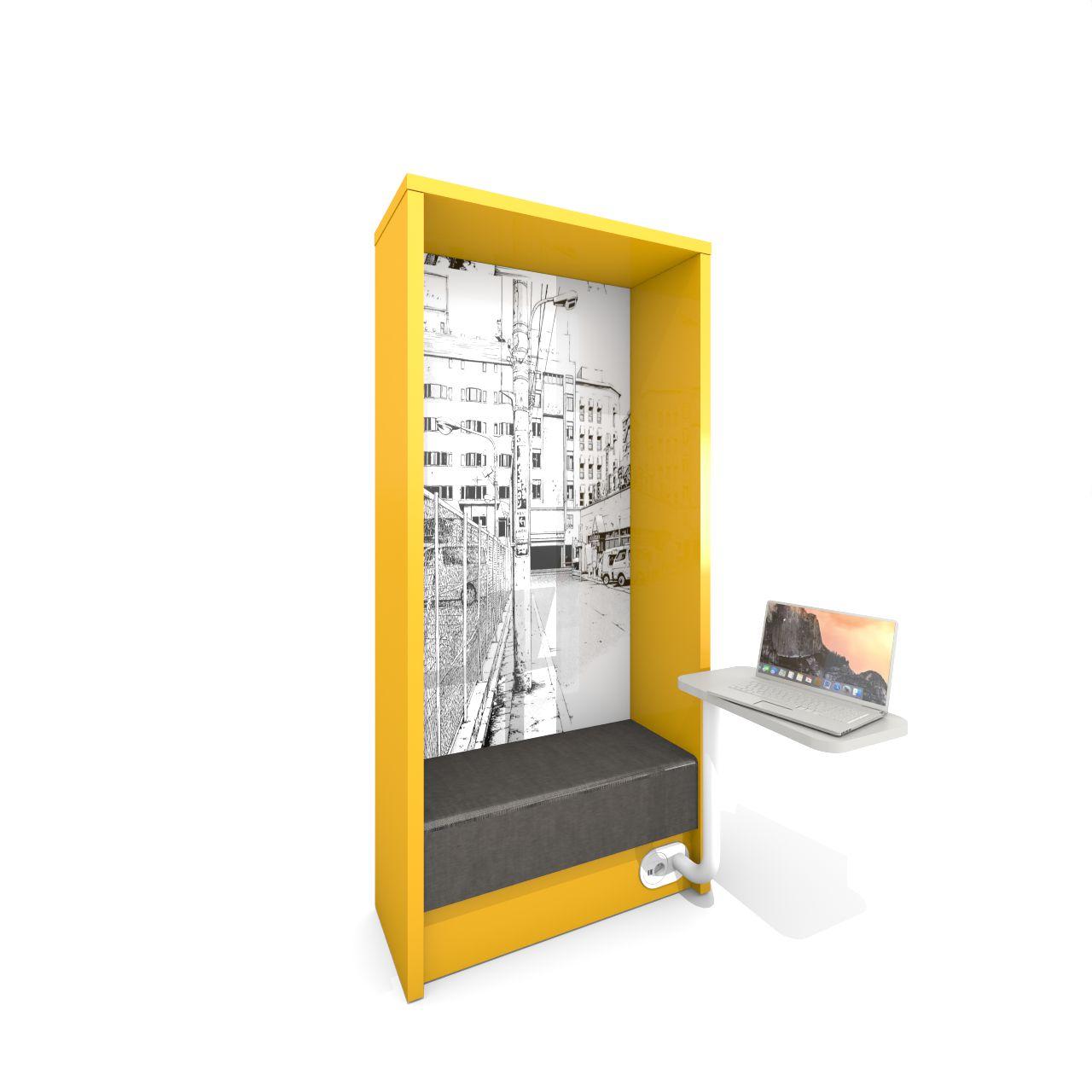 Sitzmodul SWEET 38 mit Computertisch Sitzmodul SWEET 38, freistehend Achsmaß 900 mm, mit angebautem Computertisch, Tischplatte um 90° schwenkbar, Sockel vorbereitet zum optionalen Einbau eines Steckdosenmoduls mit Einbaumaß Ø 80 mm (nicht im Artikel enthalten) Sitztiefe: 400 mm Rückwand Gr