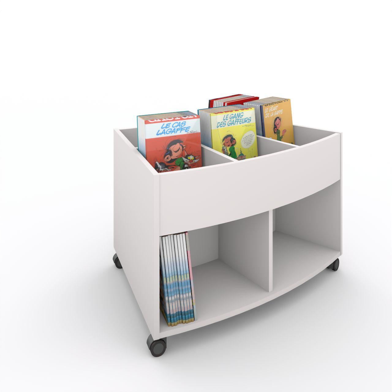 Büchertrog MARKET Radius, fahrbar, H 605 mm MARKET Radius 9 Fächer, auf Rollen seitlich 4 offene Fächer, oben 1 fester und 3 bewegliche Fachteiler für bis zu 5 Fächer, inkl. Antirutschmatten Breite: 965 mm Tiefe:670 mm Höhe: 605 mm Oberfäche: HPL / Melaminharz Korpus:Standardweiß Trennschiede u