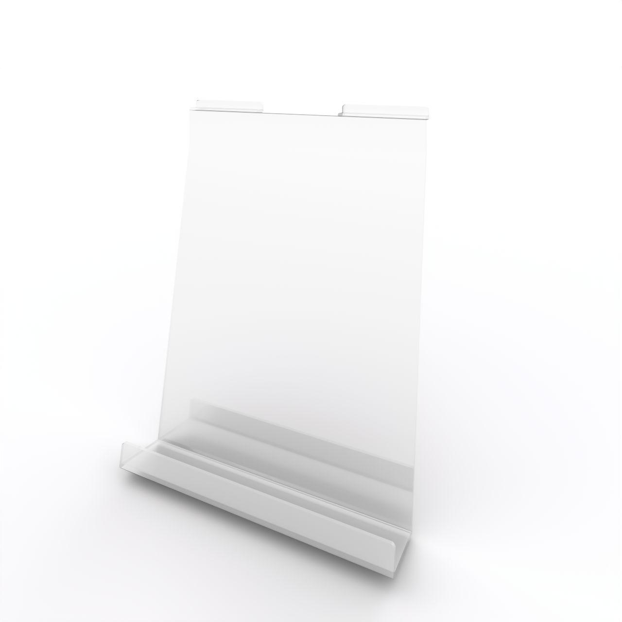 Acryldisplay Buchhalter mit Aufkantung Acryldisplay Buchhalter mit Aufkantung, Öffnung rechts zum Einhängen in Präsentationsschiene Breite: 230 mm Tiefe: 40 mm Höhe: 289 mm Kunststoff, glasklar