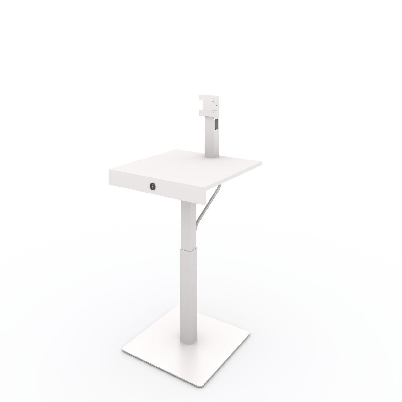 E-OPAC, elektrisch höhenverstellbar OPAC-Stehpult elektrisch höhenverstellbar von ca. 605 - 1265 mm incl. Kabelschlauch Ø25 mm Breite: 590 mm Tiefe:590 mm Oberfläche: Bodenplatte und Säule: Standardweiß matt Monitor-/Tastaturplatte: Standardweiß