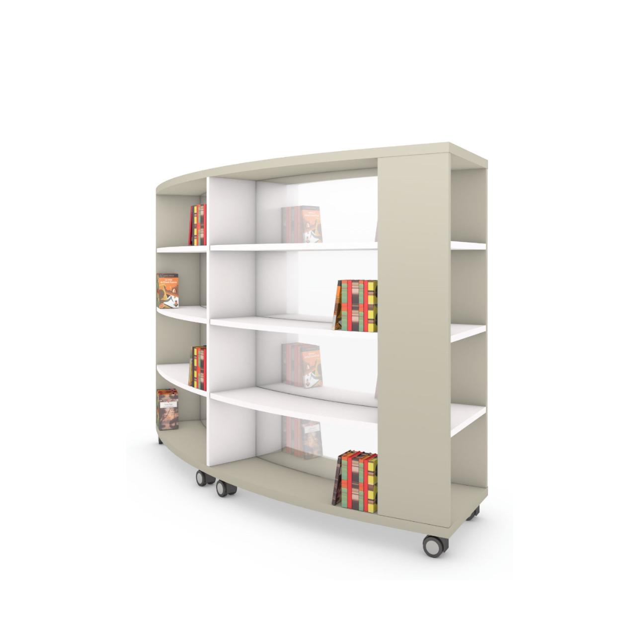 Nova RUND mobile, 2 Sektionen+Stirnseitenrega Nova RUND mobile, 2 Sektionen + Stirnseitenregal links, incl. 3 Fachböden je Sektion und Seite (ohne Fachböden für Stirnseitenregal) Breite:2256 mm Tiefe:530 mm Höhe:1553 mm Oberflächen: Außenseite: Kaschmirgrau Mittelseite:Standardweiß Stirnseitenrega