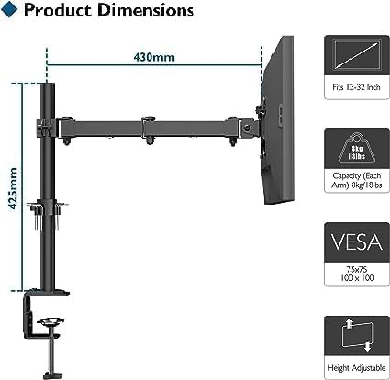 Monitorhalter, höhenverstellbar, neig- und schwenkbar, für Flachbildschirme von 13-32'', VESA 75/100, bis 8 kg Befestigung am Tisch mittels Tischhalterung oder durchgehender Schraube  Metall, mattschwarz lackiert