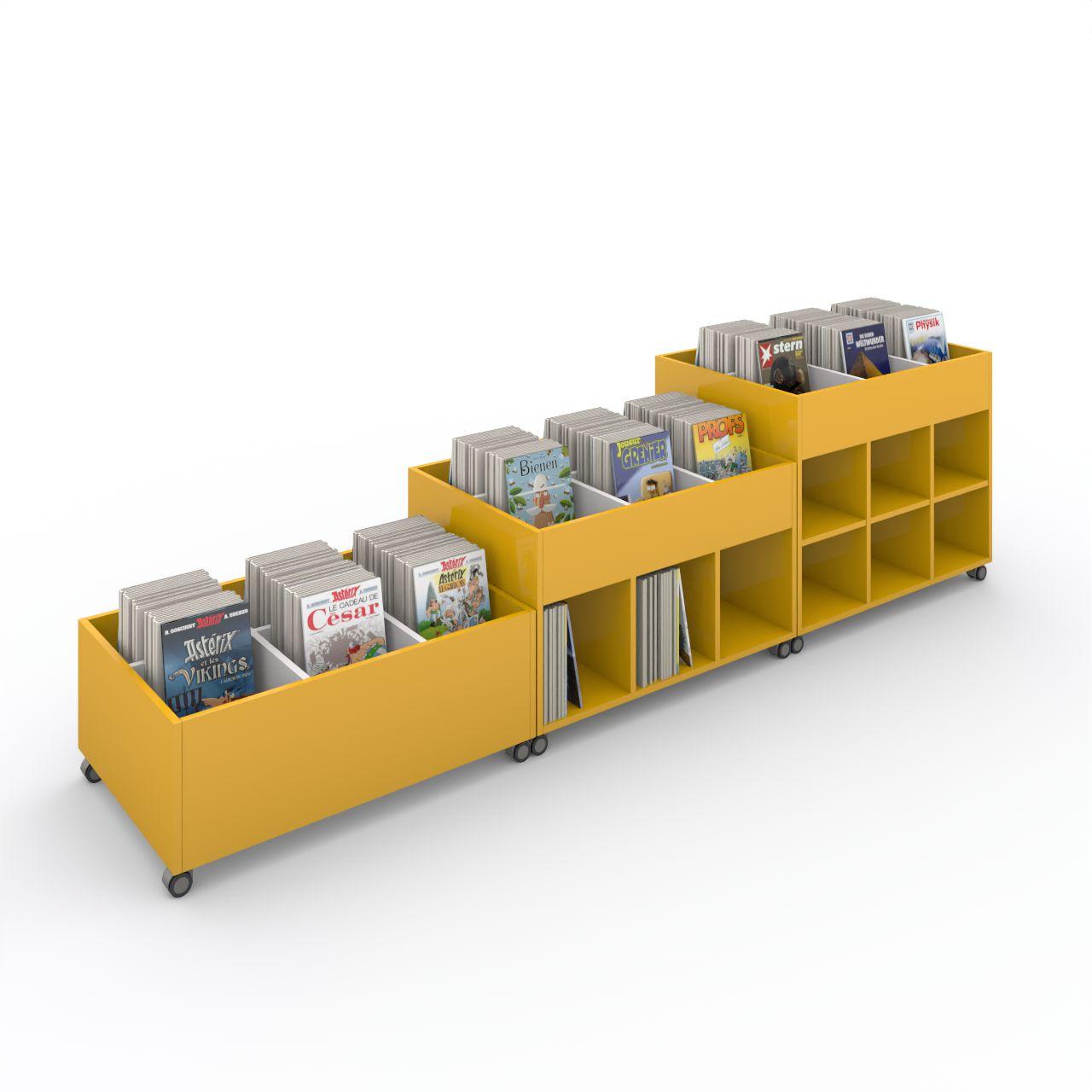 Büchertrog MARKET Rechteck, fahrbar, H 605 mm MARKET Rechteck, 12 Fächern, auf Rollen seitlich 6 Fächer, oben 1 fester und 4 herausnehmbaren Fachteiler inkl. Antirutschmatten Breite: 995 mm Tiefe:670 mm Höhe: 605 mm Oberfläche: Korpus: Dottergelb Trennschiede und Rückwände: Standardweiß Kapazitä